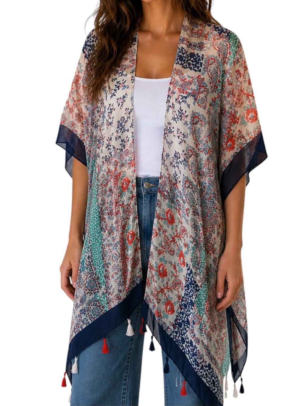 MOSS ROSE Boho Patchwork Kimono Tassel Beach Cover Up One Size